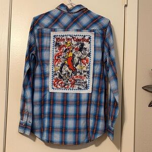 NWT Panhandle Peacock Ride Em Cowboy Blue Rodeo Plaid Western Shirt